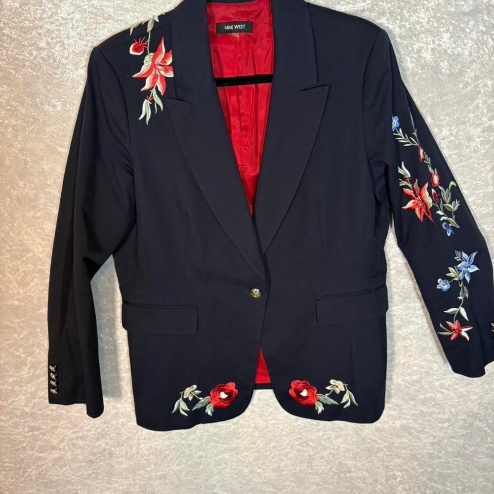 Nine West Navy blue embroidered floral Jacket blazer 14 workwear party preppy